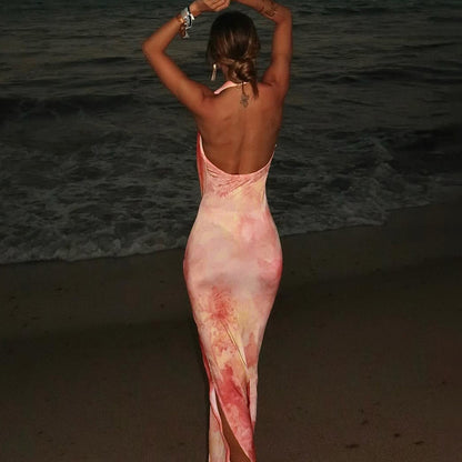 Women’s Summer Backless Printed Slit Beach Dress | LaceUp Waist, Lightweight & Flowy | noémi