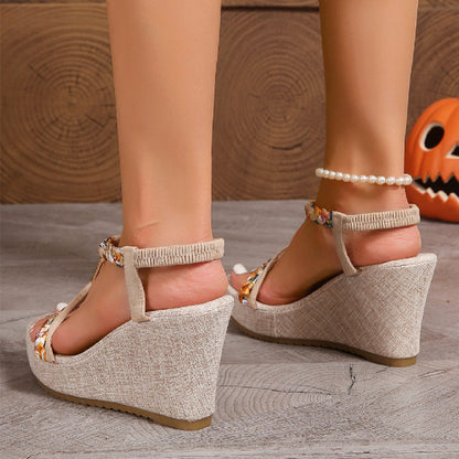 Women's Beaded T Strap Espadrille Wedge Sandals | Platform Peep Toe Summer Shoes | noémi
