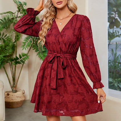 Lace Cocktail Dress | V Neck Long Sleeve Flare with Belt | noémi
