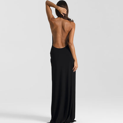 Womens Deep V Halter Pleated Backless Dress | noémi