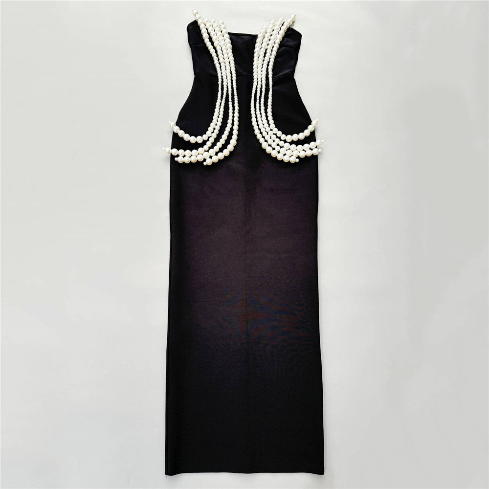 Retro Pearl Tube Top Dress | Black Bandage Gown | noémi