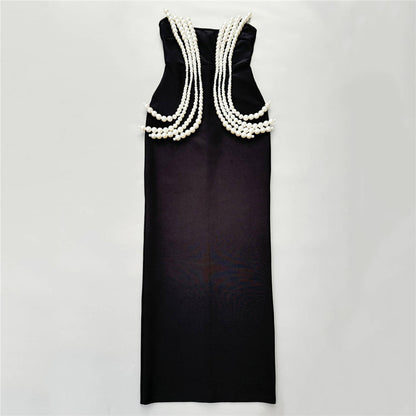 Retro Pearl Tube Top Dress | Black Bandage Gown | noémi