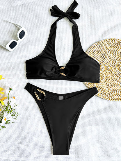 Black Halter Bikini with Gold Ring Detail | Lace Up Swimwear Set | noémi