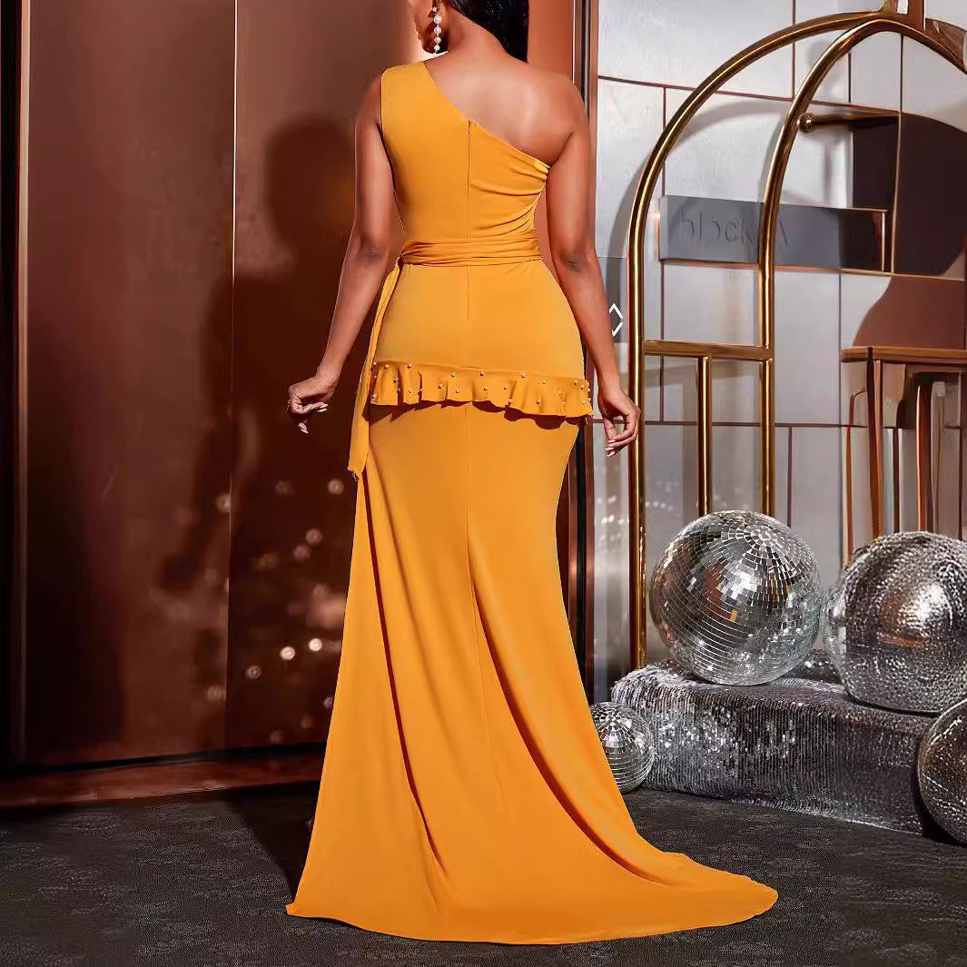 One Shoulder Mustard Yellow Gown with Ruffle Detail & High Slit | noémi