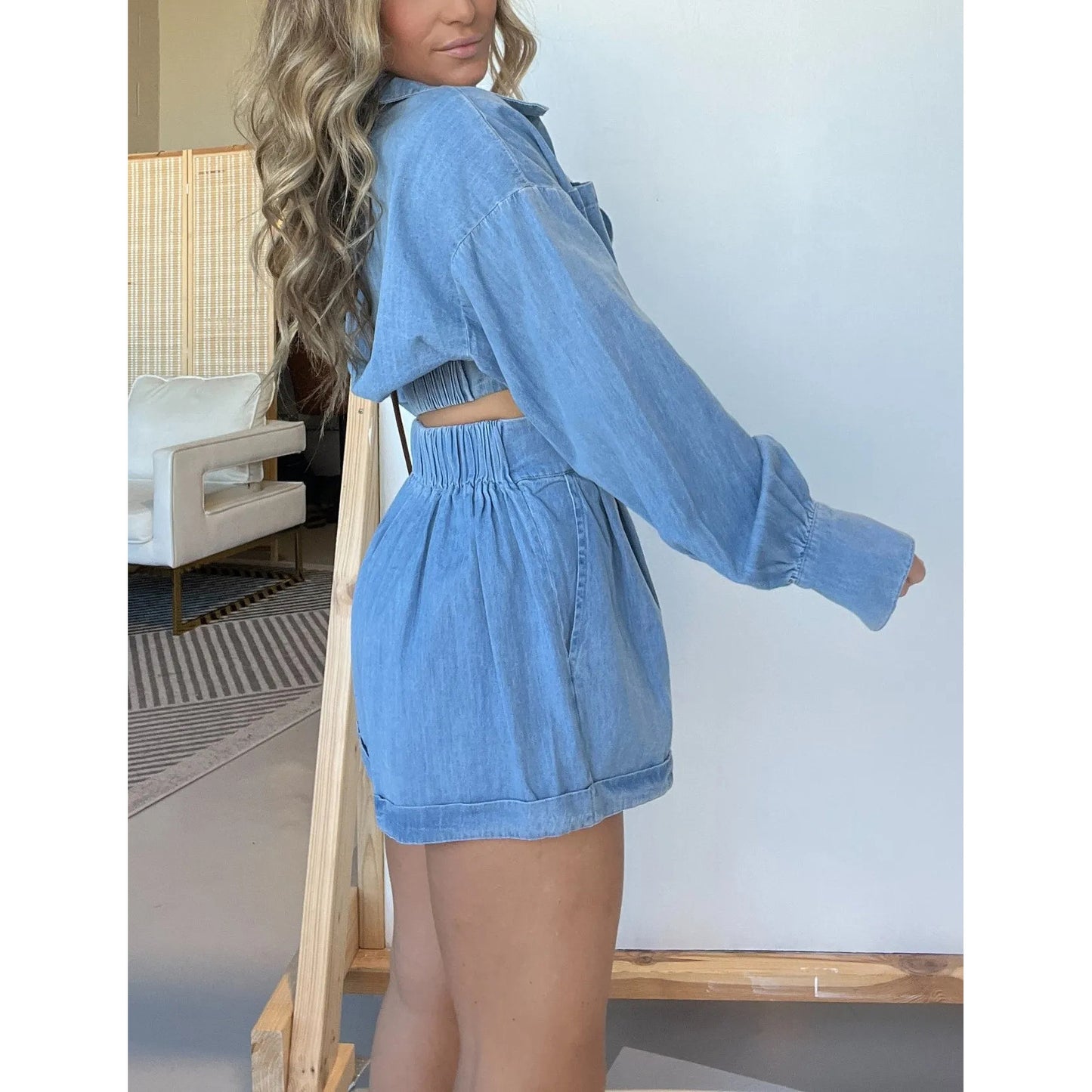 Womens Denim Shirt Shorts Set | Deep V Plunge Long Sleeve | noémi