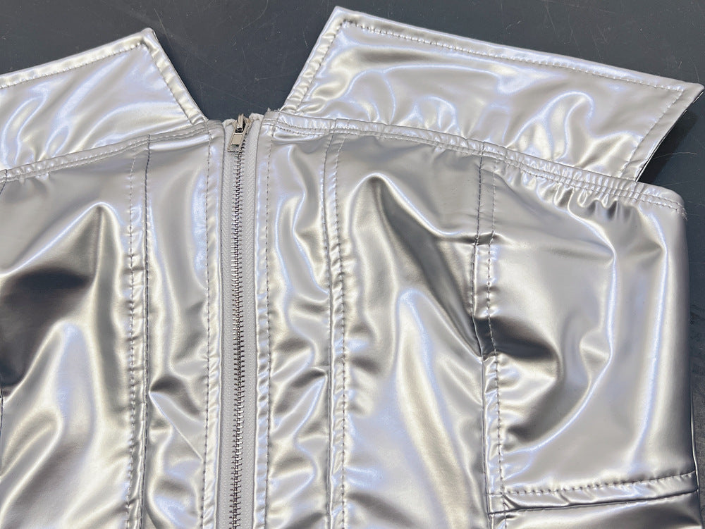 Metallic Faux Leather Corset Top | Silver ZipUp Boned Tube Top with Off Shoulder Detail | noémi