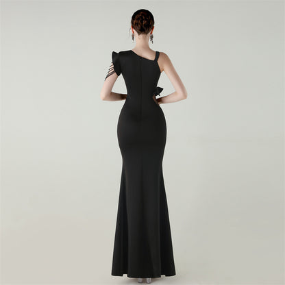 Satin One Shoulder Beaded Fishtail Gown | Cut Out Ruffled Hem Slim Fit | noémi