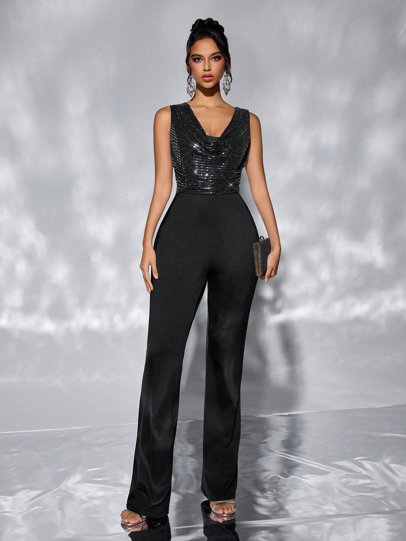Black Sequin Sleeveless Jumpsuit | Waist Defining, Wide Leg | noémi