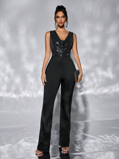 Black Sequin Sleeveless Jumpsuit | Waist Defining, Wide Leg | noémi