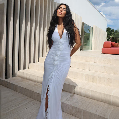 White Halter Maxi Dress | Deep VNeck Backless l High Slit | Slim Fit Gown | noémi