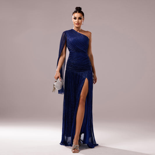 One Shoulder Sparkle Gown | Draped Sleeve & High Slit | Cocktail Dress | noémi
