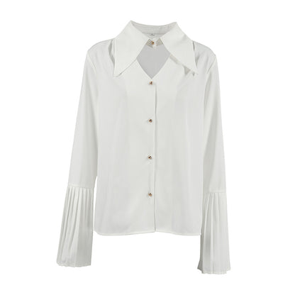 White Collared Slim Fit Long Sleeve Chiffon Shirt with Hollow Out Cutouts for Women | noémi