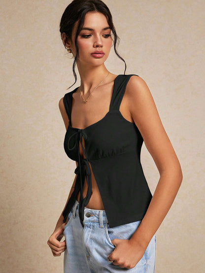 Double Tie Front Crop Top | Sleek Black Sleeveless Tank | noémi