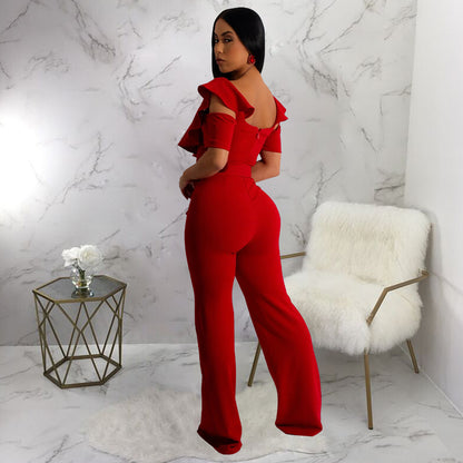 Women's V Neck Ruffle Flounce Jumpsuit | Waist Defining One Piece Outfit | noémi