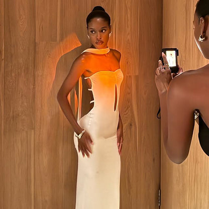 Womens Cutout Backless Long Sheath Dress with Scarf Detail | noémi