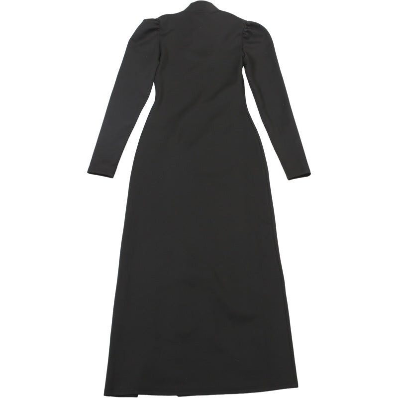 Womens Long Sleeve High Slit Dress with Stand Collar and Cutout Detail | noémi