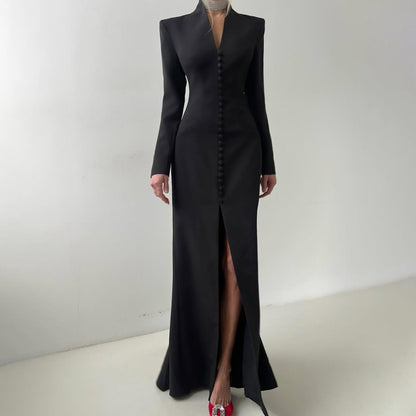 Blazer Gown | Structured Long Sleeve Maxi Dress with Slit, Tuxedo | noémi