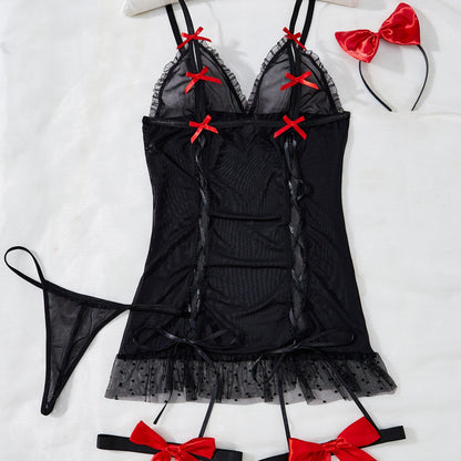 Womens Lace Up Cutout Lingerie Set with Bow Suspender and Matching Headband | noémi
