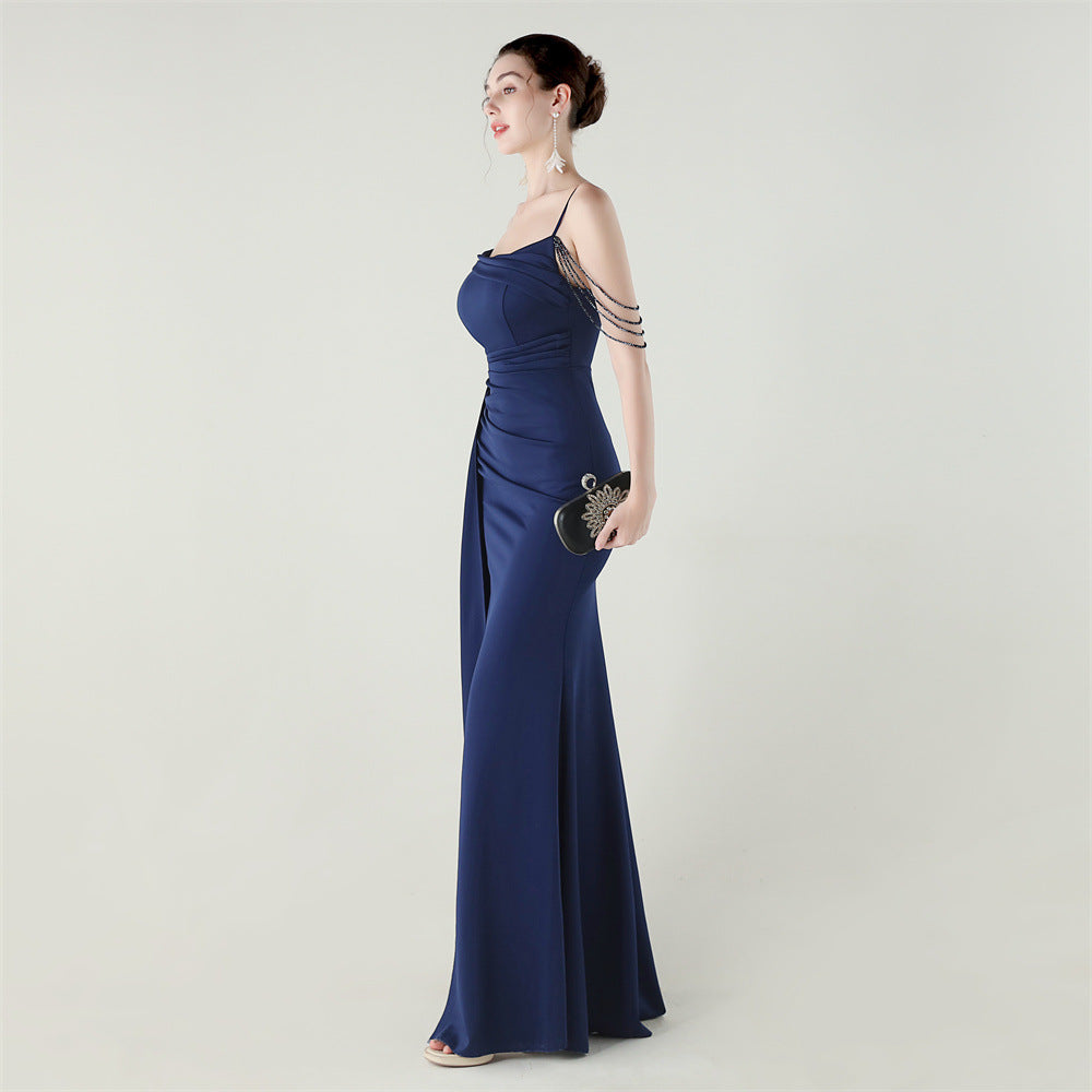 Satin Beaded Fishtail Dress | Spaghetti Straps, Thigh Slit | noémi