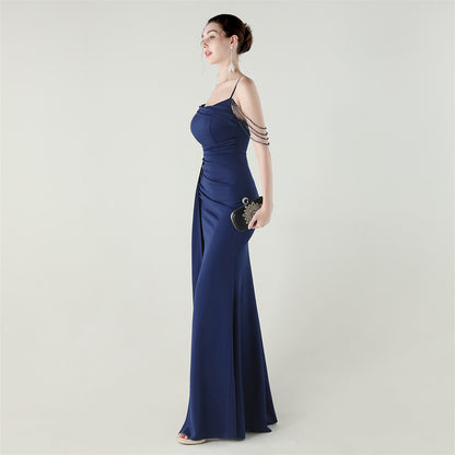 Satin Beaded Fishtail Dress | Spaghetti Straps, Thigh Slit | noémi