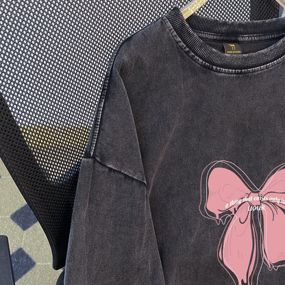 Fleece Lined Bow Sweater | Washed Black, Thickened Loose Fit | noémi