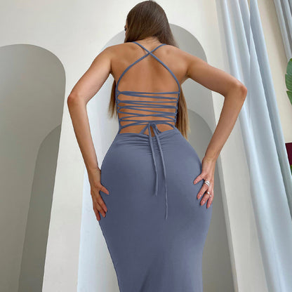 Womens Backless Bodycon Midi Dress | Lace Up, Slim Fit, Spaghetti Strap | noémi