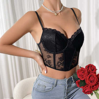 Sheer Lace Mesh Corset Bra with Boning and Suspender Straps for Women | noémi