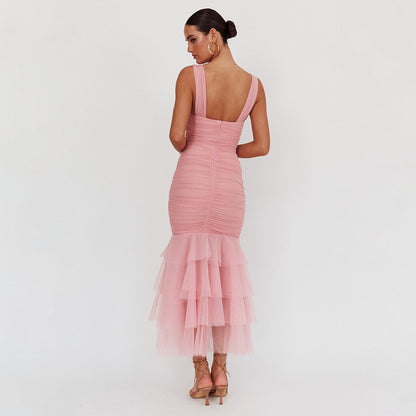 Layered Tulle Strap Dress | Ruched Bodycon Midi | noémi