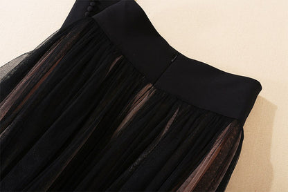 Double Breasted Green Collar Top Multi Layer Mesh Pleated Skirt Set | noémi