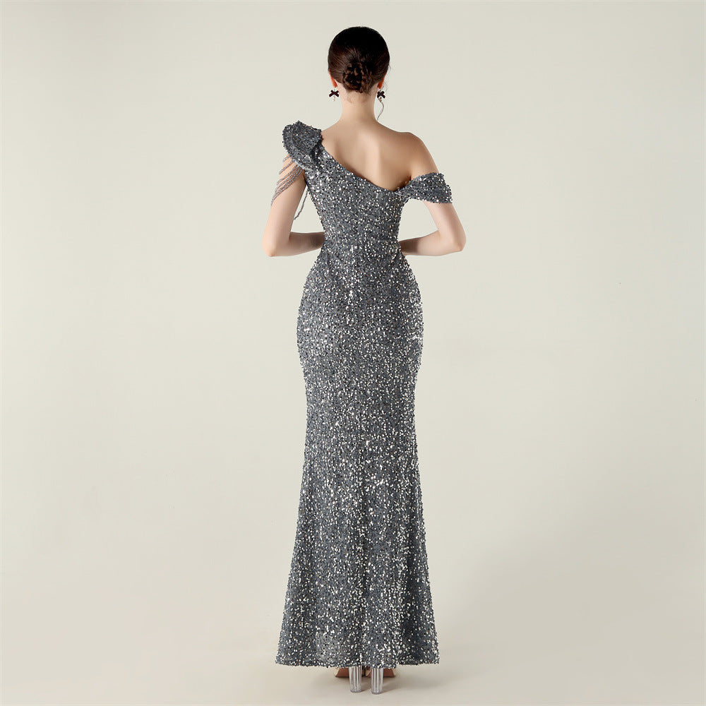 One Shoulder Ruffled Sequin Gown | noémi