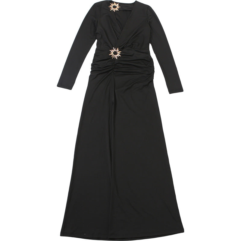 Womens Fall Deep V Neck Split Solid Color Dress | noémi