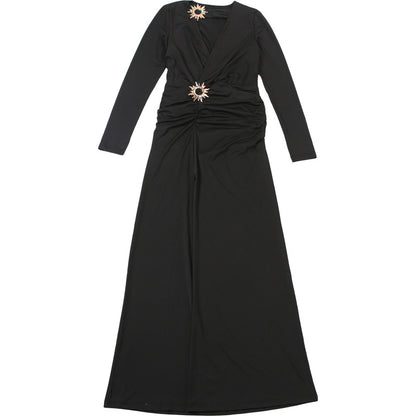 Womens Fall Deep V Neck Split Solid Color Dress | noémi