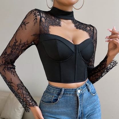 Slim Fit Lace Long Sleeve Top with Low Cut Neckline for Women | noémi