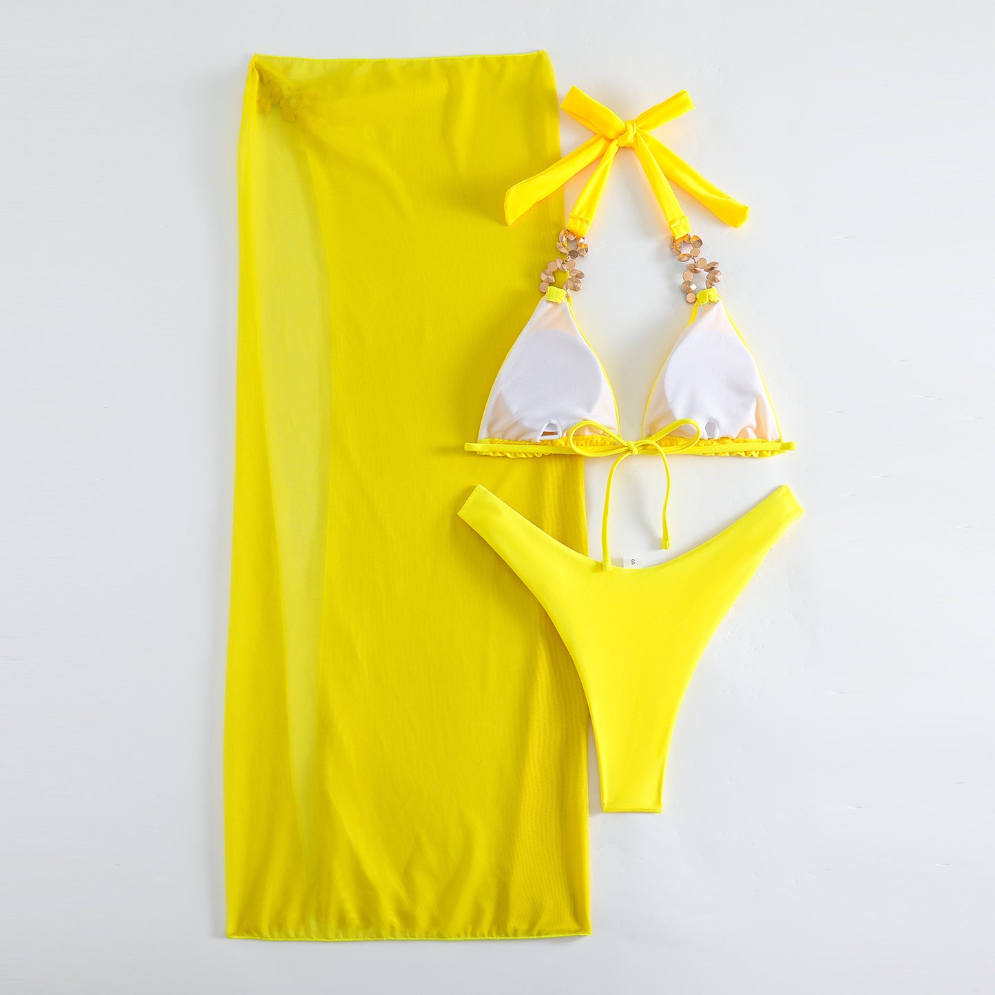 Womens Three Piece Mesh Bikini Set with Long Sheer Skirt and Light Rhinestone Detail | noémi