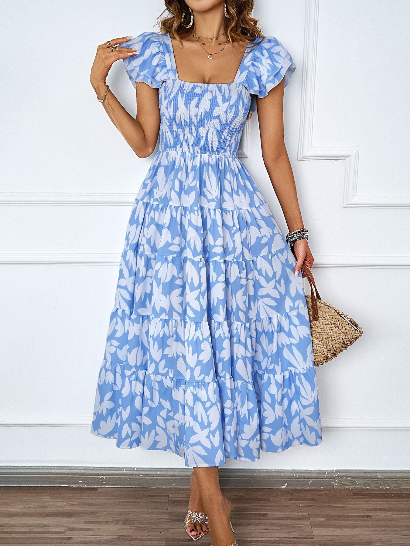 Womens Boho Print Midi Dress with Ruffle Sleeves & Pleated Skirt | Square Neckline | noémi