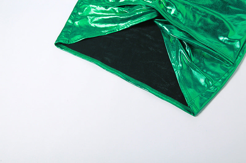 Womens Metallic One Shoulder Top Skirt Set | Coated Fabric Two Piece Outfit | noémi