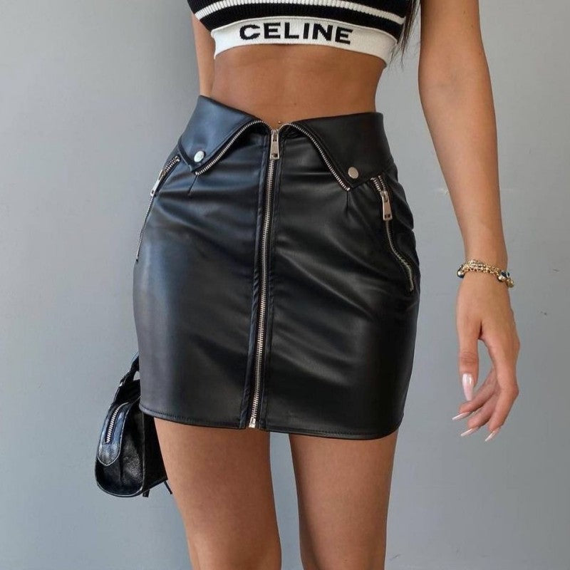 Black Leather Zip Up Mini Skirt | High Waisted Faux Leather Skirt | noémi