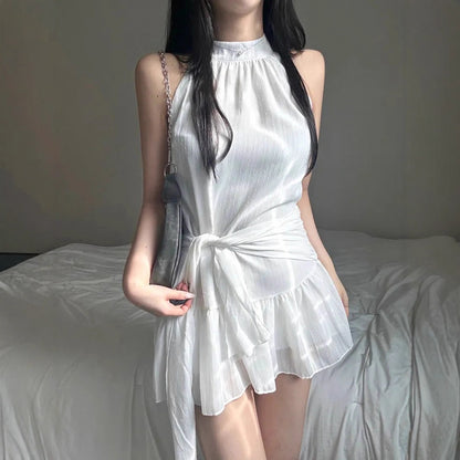 Womens Halter Neck Sleeveless Dress with Lace Up Waist and Double Layer Flounced Skirt | noémi