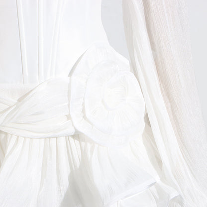 Womens V Neck Ruffled Dress with Puff Sleeves 3D Floral Design | noémi