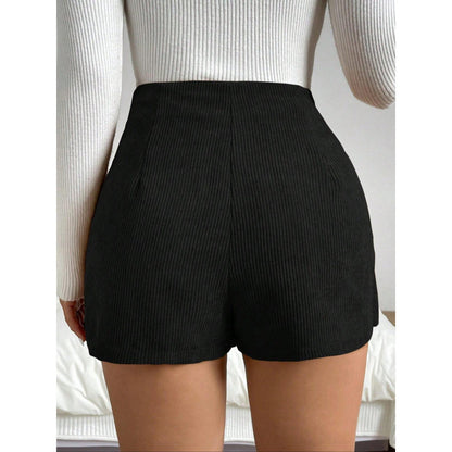 High Waisted Corduroy Skort | Black Wrap Mini with Button Detail | noémi