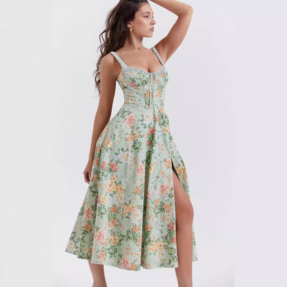 Womens Printed Cami Dress | Backless Mid Length Slit Dress | noémi
