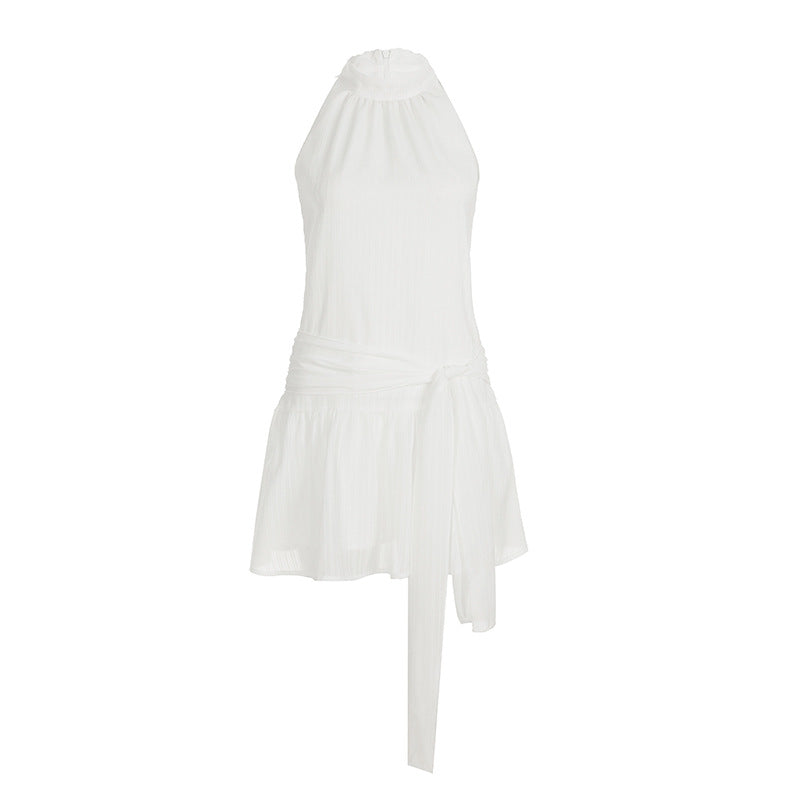 Womens Halter Neck Sleeveless Dress with Lace Up Waist and Double Layer Flounced Skirt | noémi