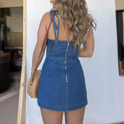 Denim Bodycon Mini Dress | Adjustable Spaghetti Strap Zip Back Dress with Slit | noémi
