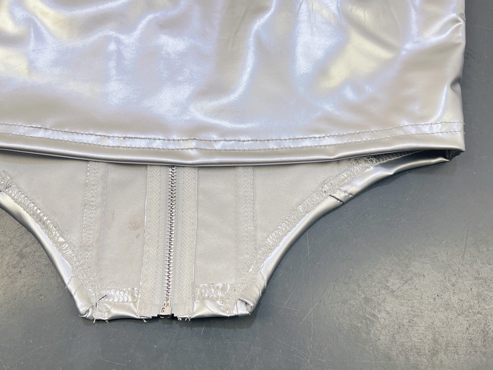 Metallic Faux Leather Corset Top | Silver ZipUp Boned Tube Top with Off Shoulder Detail | noémi