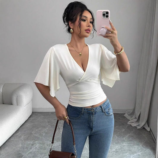 Pleated Pullover Bell Sleeve Solid Color TShirt | Women's Slim Fit VNeck Wrap Top | noémi