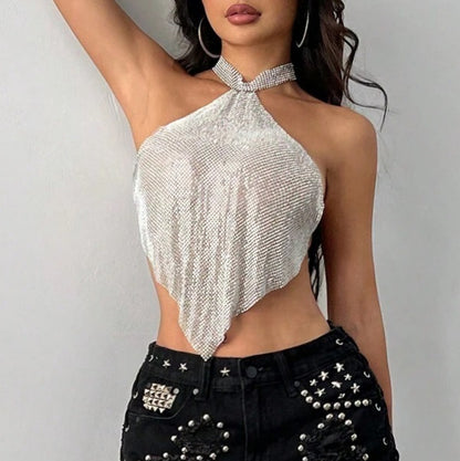 Womens Rhinestone Halter Top | Sparkly Backless Crop Top, Silver Chain | noémi