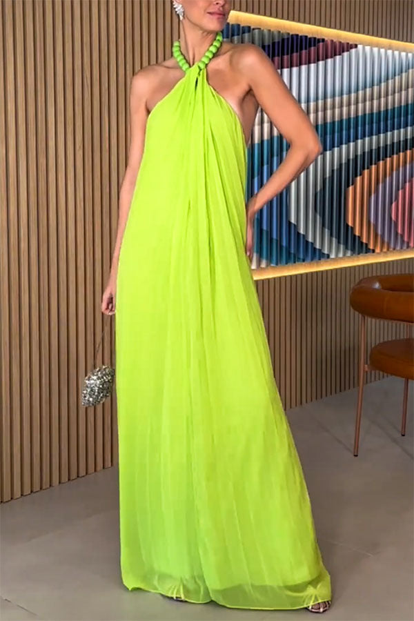 Womens Halter Maxi Dress | Lime Green Chiffon, Pleated, Backless, Flowy Fit | noémi