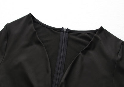 Pleated V Neck Dress with Fitted Waist and Long Sleeves | noémi