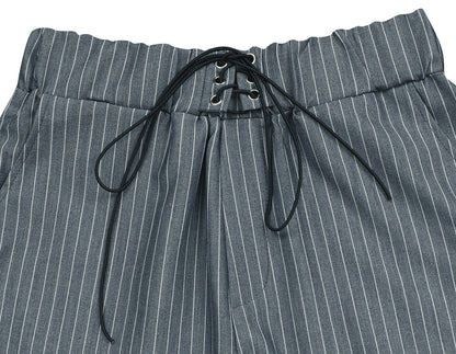 Womens Striped Lace Up Shirt & Shorts Set | Casual Long Sleeve Collared Top & High Waist Shorts | noémi