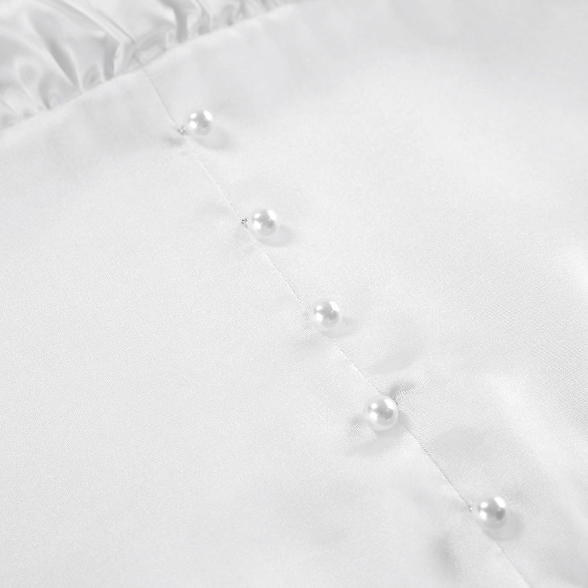 White Satin V Neck Pettidress | Lantern Sleeves | noémi